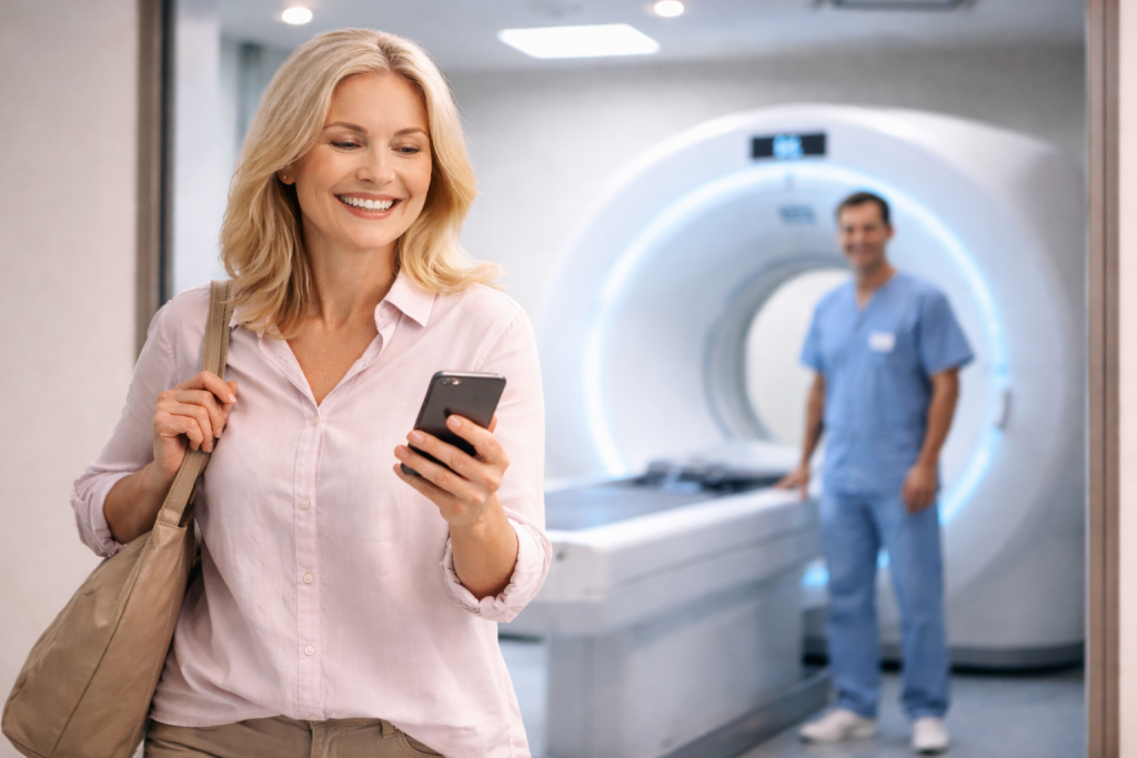Paciente feliz accediendo a sus resultados tras estudio de radiología